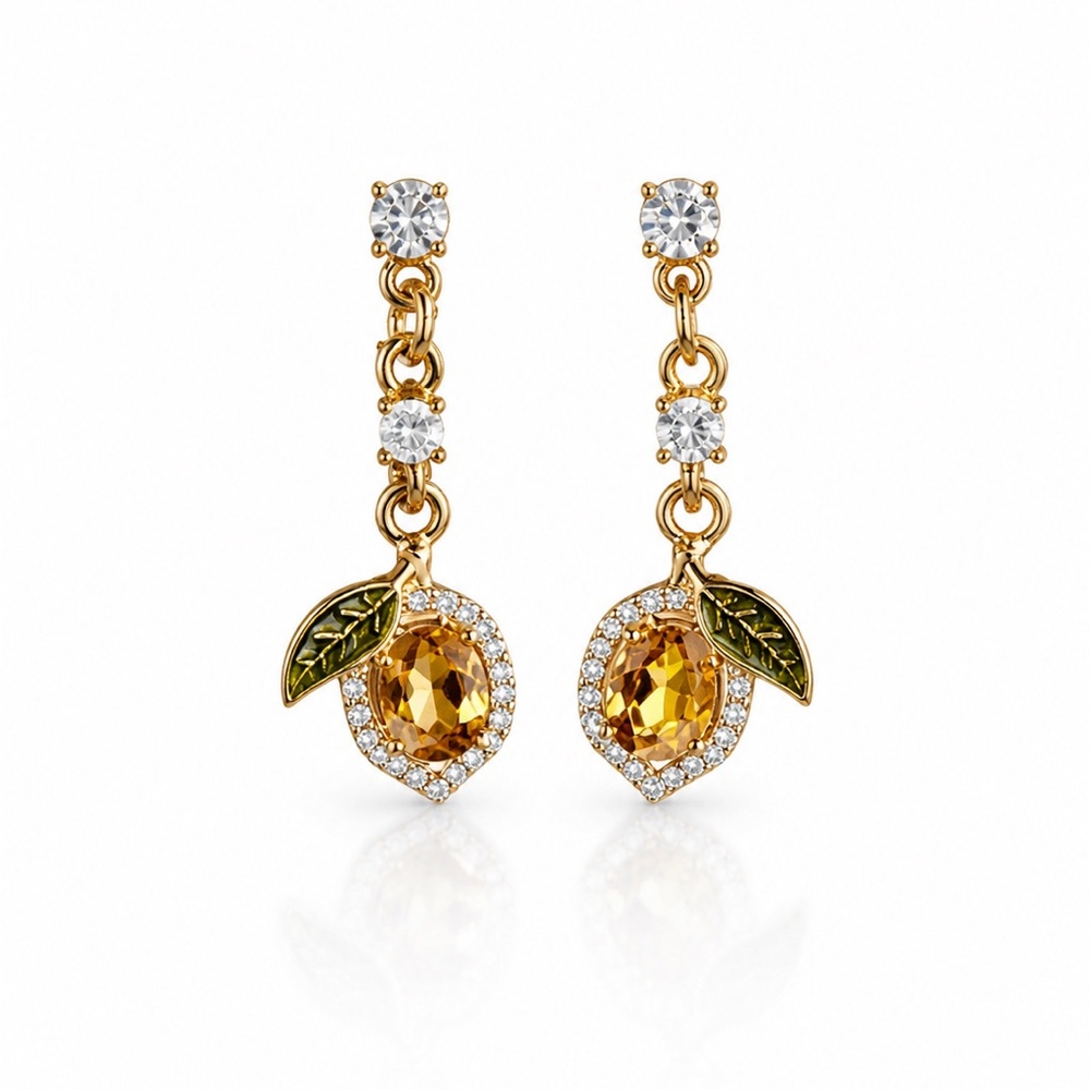 Gold-Tone Citrine Drop Earrings with Green Leaf